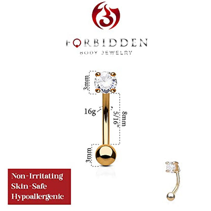 Forbidden Body Jewelry 16g 8mm Surgical Steel Curved Barbell w/Solitaire CZ for Daith, Eyebrow & Rook Piercings - color: Rose Gold/Clear
