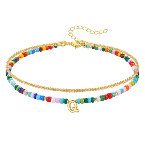 KissYan Initial Ankle Bracelets for Women | Layered Colorful Beaded Anklet with 14K Gold Chain, Waterproof Dainty Jewelry Gift for Summer Beach - style: Q