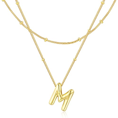 Bubble Letter Necklace for Women, 14k Gold Plated Initial Letter Pendant Necklace Personalized Jewelry A - Z 26 letters - style: Gold-M