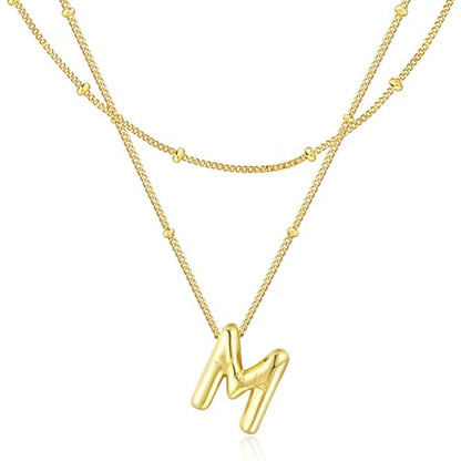 Bubble Letter Necklace for Women, 14k Gold Plated Initial Letter Pendant Necklace Personalized Jewelry A - Z 26 letters - style: Gold-M