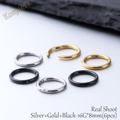 Nose Rings 20G 18G 16G 316L Surgical Steel Hinged Clicker Segment Nose Hoop Helix Cartilage Daith Tragus Sleeper Earrings Body Lip Piercing Jewelry for Women Men 6mm 7mm 8mm 10mm 12mm - style: 18:Silver+Gold+Black-16G*8mm(6pcs)