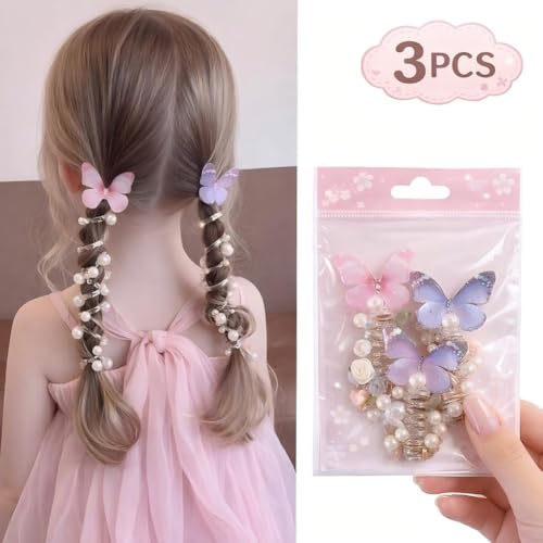 3 Pack Butterfly Spiral Hair Ties, Faux Pearl Coil Ponytail Holders for Girls Kids Hair Accessories