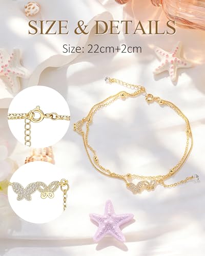 Silver Ankle Bracelets for Women, Butterfly/Stars Cute Charm Anklet, 14K Gold Plated Layered Chain Anklets for Women Teen Girls - style: Butterfly-Gold