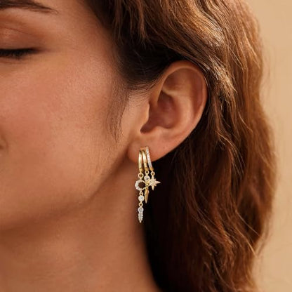 14K Gold Plated Dangle Earrings for Women, Dainty Hoop Huggie Studs, Long Hanging Tassel Chain Multi Pierced Ear Stacking Jewelry Gifts - color: Star Moon Dangle-Gold