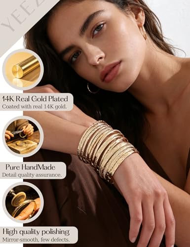 YEEZII Gold Bangle Bracelets for Women, 12 Pcs Indian Boho Stackable Set, Multi Layer Textured 14K Gold Plated Adjustable Bracelets Jewelry Set - color: GoldC-14Pcs