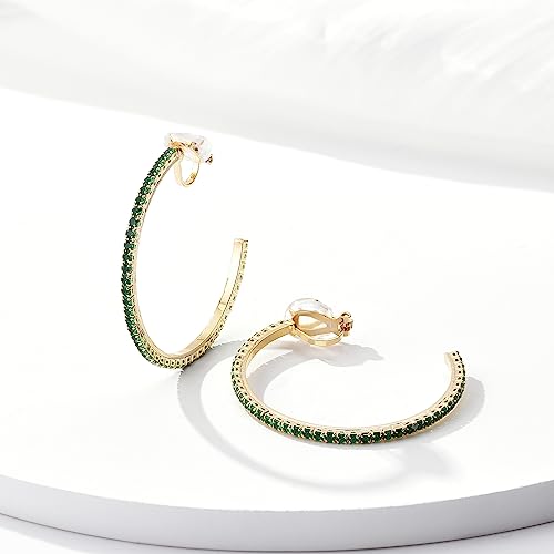 YOQUCOL 4.3CM(1.7in) Clip On Hoop Earrings Cubic Zirconia Non Pierced Ears Hoops for Women - color: Gold-Green