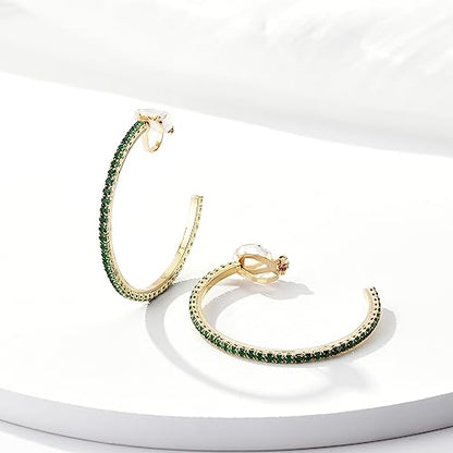 YOQUCOL 4.3CM(1.7in) Clip On Hoop Earrings Cubic Zirconia Non Pierced Ears Hoops for Women - color: Gold-Green
