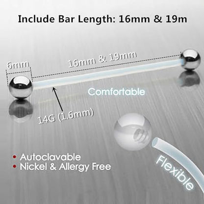 12pc Flexible Acrylic Bar Coated CZ Crystal Ball Barbell Tongue Ring Stud Nipple Body Piercing Bioflex Retainer Jewelry Set - color: White