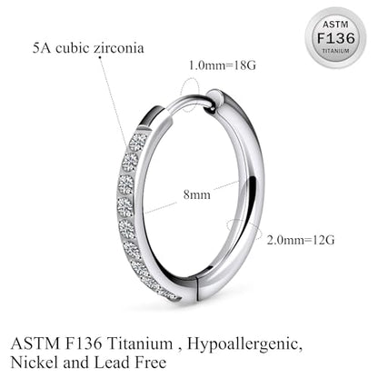 ASTM F136 Titanium Hoop Earrings for Women Small Huggie Hoop Earrings Hypoallergenic Helix Conch Cartilage Hoops Cubic Zirconia Cuff Earring Piercing Jewelry For Women Sensitive Ears 20G 18G - size: 18G - Inner Dia.:8mm
