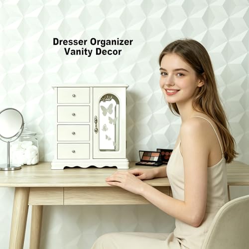 RR ROUND RICH DESIGN Solid Wood Jewelry Box White | Large Organizer with 4 Drawers, Built-in Necklace Carousel & Large Mirror - style: Fashion White