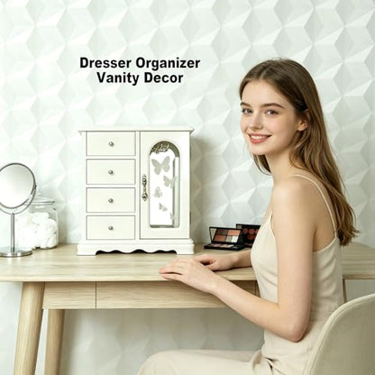 RR ROUND RICH DESIGN Solid Wood Jewelry Box White | Large Organizer with 4 Drawers, Built-in Necklace Carousel & Large Mirror - style: Fashion White