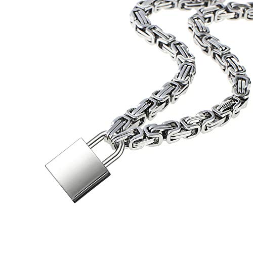 Heart Padlock Collar Stainless Steel Lock Necklace Byzantine Chain Necklace Locking Collar Choker for Men Women Jewelry - style: C