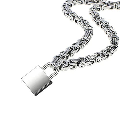 Heart Padlock Collar Stainless Steel Lock Necklace Byzantine Chain Necklace Locking Collar Choker for Men Women Jewelry - style: C