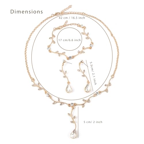 Hapibuy Crystal Bridal Wedding Jewelry Necklace Earrings Bracelet Set Rhinestone Choker Necklace For Brides Bridesmaid Women Party Acessory - color: Gold