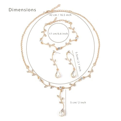 Hapibuy Crystal Bridal Wedding Jewelry Necklace Earrings Bracelet Set Rhinestone Choker Necklace For Brides Bridesmaid Women Party Acessory - color: Gold