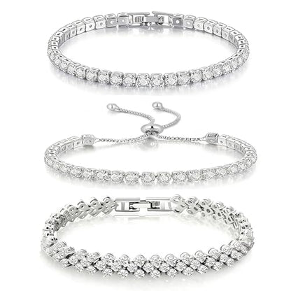 3 Pcs Silver Tennis Bracelet Set for Women, Adjustable Silver CZ Rhinestone Bracelets, Marquise Cubic Zirconia Bracelet Stack, Wedding & Prom Jewelry Gift