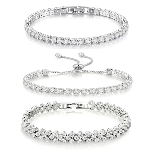 3 Pcs Silver Tennis Bracelet Set for Women, Adjustable Silver CZ Rhinestone Bracelets, Marquise Cubic Zirconia Bracelet Stack, Wedding & Prom Jewelry Gift