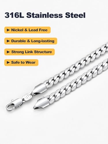 U7 Men Stainless Steel Necklace Cuban Link Chain, Flat Curb Chain Necklaces Unisex, Silver/Black/Gold Plated Chunky Hip Hop Neck Chain, 6mm/9mm Width, 18-32 Inches Length Jewelry for Mens Women - color: c. 6mm Steel, size: 22 Inches, style: a. Flat Curb