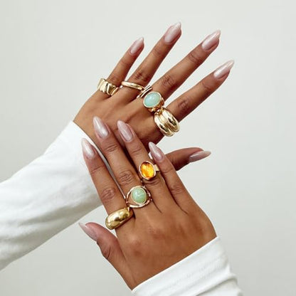 Chunky Gold Gemstone Ring Set for Women Adjustable Stackable Statement Rings Punk Geometric Turquoise Minimalist Jewelry - style: B-Gold