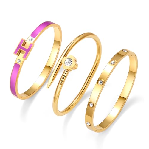 3Pcs Gold Bracelets for Women 14K Gold Plated Love/H/Nail Bangle Bracelet Dainty Non Tarnish Bracelet Jewelry Christmas Mothers Day Gifts for Women - color: 3Pcs Gold/Purple H bracelet
