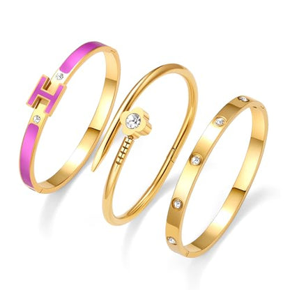 3Pcs Gold Bracelets for Women 14K Gold Plated Love/H/Nail Bangle Bracelet Dainty Non Tarnish Bracelet Jewelry Christmas Mothers Day Gifts for Women - color: 3Pcs Gold/Purple H bracelet