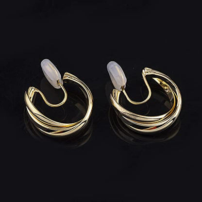 Clip On Hoop Earrings for Women Not Pierced Gold Silver Large Chnky Square Twisted Comfortable Coil Hoop Clip On Earrings - color: Triple Hoop