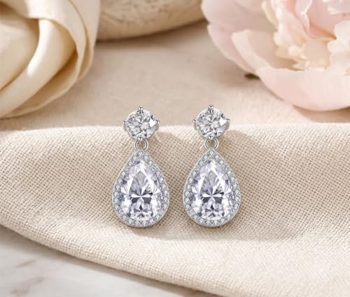 Drop Dangle Earrings Teardrop Gemstone Waterdrop White Gold Plated Crystal Hanging Cubic Zirconia Ruby Sapphire Emerald Jewelry Gift for Women Mother Wife - color: White