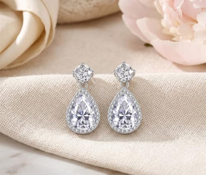 Drop Dangle Earrings Teardrop Gemstone Waterdrop White Gold Plated Crystal Hanging Cubic Zirconia Ruby Sapphire Emerald Jewelry Gift for Women Mother Wife - color: White