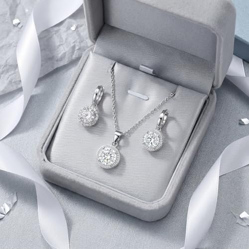 CZ Necklace and Stud Earrings Set for Women, 2PCS | Cubic Zirconia, Matching Jewelry Set, Dainty Sparkling, Daily Wear - color: 1CT+1CT Drop Back Stud