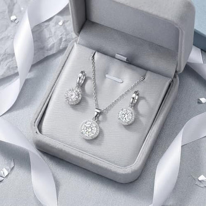CZ Necklace and Stud Earrings Set for Women, 2PCS | Cubic Zirconia, Matching Jewelry Set, Dainty Sparkling, Daily Wear - color: 1CT+1CT Drop Back Stud