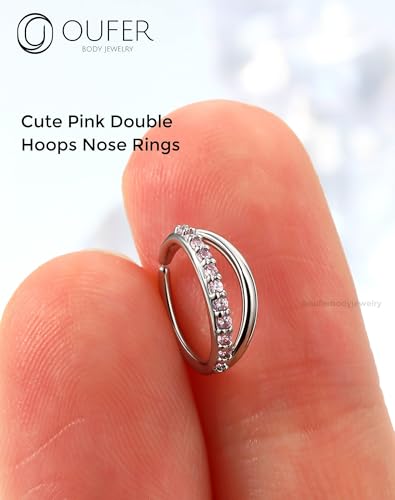 OUFER Nose Rings Silver, 20G Double Hoop 8MM Nose Rings, Seamless Stainless Steel Rook Daith Piercing Jewelry for Women & Men - style: Style2-Pink