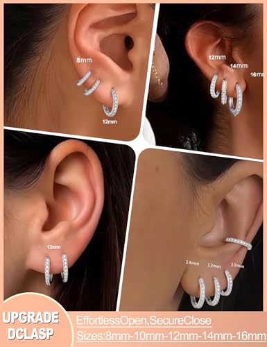 5 Pairs Huggie Hoop Earrings, Cubic Zirconia 14K Gold-Plated 316L Surgical Steel, Hypoallergenic Lightweight Design for Women & Men Cartilage & Multi-Piercing Stacking(13-21mm) - color: A+silvery+White