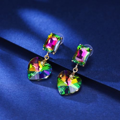 Crystal Heart Teardrop Dangle Earrings for Women Hypoallergenic Multicolor Cubic Zirconia Drop Earrings for Wedding Prom Party Daily Wear - color: Heartgreen