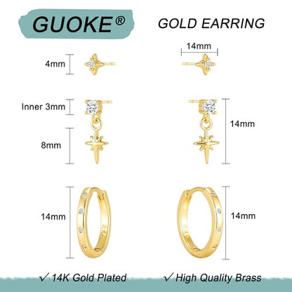 3 Pairs Earring Stacks, Gold Earring Set Jewelry Gift for Women | Small, 14K Gold/White Gold/Black/Rose Gold Plated, Hypoallergenic, Her, Everday, Stackable, Simple, 3 Holes - color: Gold-Polaris