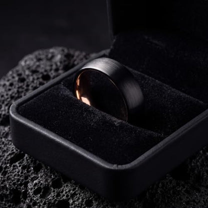Tungsten Wedding Band Ring 10mm 8mm 6mm 4mm for Men Women 18k Rose Gold Plated Dome Black Grey Brushed Polished - color: 3 Rose Gold Black Tungsten