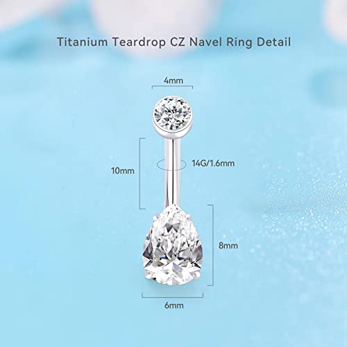 limerencia 14G G23 Titanium Belly Button Ring with Small Teardrop Cubic Zirconia 10mm Internally Threaded Navel Piercing Jewelry - color: White CZ