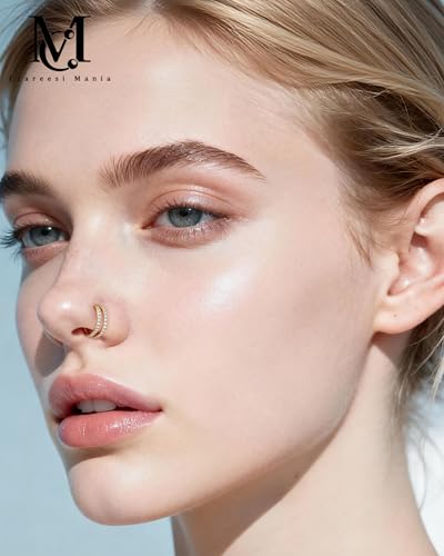 Nose Ring Hoop, 316L Stainless Steel Double Nose Rings, 20G Nose Piercing Jewelry for Women, Clear CZ Helix Cartilage Septum Nose Hoops - color: Gold-8mm