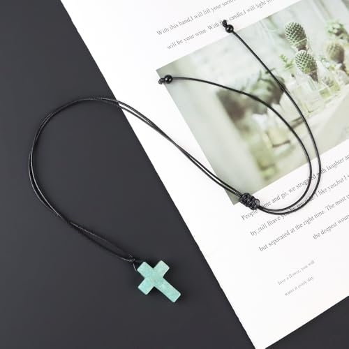 FANASY Natural Gemstone Pendant Necklace for Men Healing Crystal Pendant Adjustable Black Rope Necklace Jewelry Gifts for Women Men - color: X- Cross Amazonite