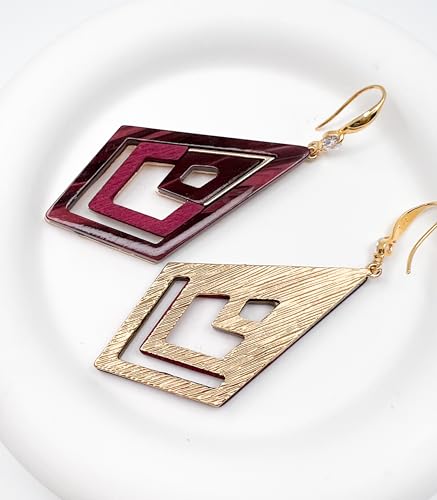 Ozel - Natural Wooden Acrylic Boho Drop Dangle Earrings for Women - Geometric Statement Jewellery - Brown, Black, Magent Red, Olive Green, White beige - color: Diamond_Magenta