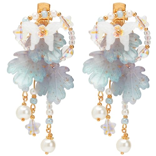 A Pair Wedding Hair Clips, Handmade Floral Design Crystal Hair Clips Pearl Barrettes, Rhinestones Flower Clips Pearl Headpieces Hair Pins Hair Accessories for Women Girls (Blue) - color: Blue
