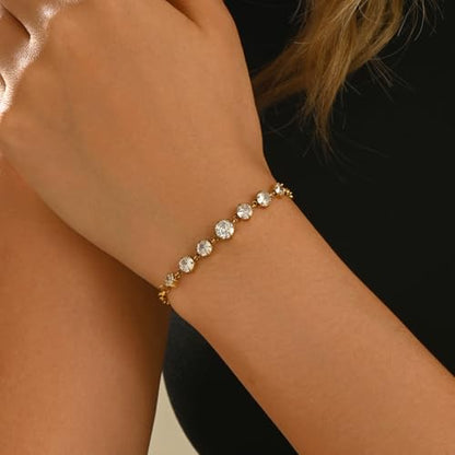 18K Gold Plated Cubic Zirconia Tennis Bracelet for Women Sparkling Stackable Stainless Steel Jewelry Hypoallergenic Tarnish Resistant Bridal Gift - color: 7 Round CZ-Gold