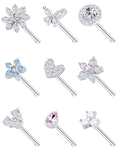 9Pcs Nose Rings Stud L Bone Screw Shaped Nose Ring Flower CZ Snowflake Butterfly Screw Nose Stud Body Piercing Jewelry for Women Men 20G Silver Gold Rose Gold Tone - color: D:Silver Tone&Bone Shaped