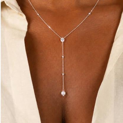 Mchic Gold Necklace for Women Dainty Long Lariat Necklace 18K Gold/Silver Plated Y-Shaped Pendant Necklaces Minimalist Layered Drop Necklaces Trendy Jewelry Gift - color: Silver4