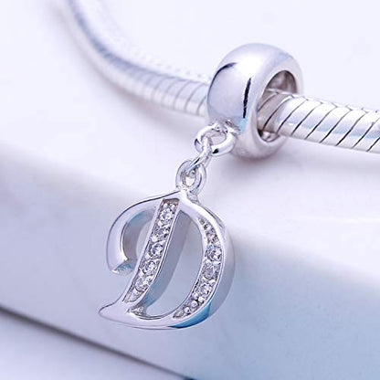 925 Sterling Silver Charms Alphabet Beads fit Pandora Charm Bracelets A-Z Letter Initial Spacer Dangle Clear CZ Stone Authentic for Snake Chain Bracelets - color: D