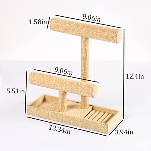 Coward 2 Tier Necklace Bracelet Holder Organizer With ring Tray, Linen Jewelry Display Stand for Watch Scrunchie Lipstick, Perfumes,Nail polish (Yellow Linen) - color: Yellow