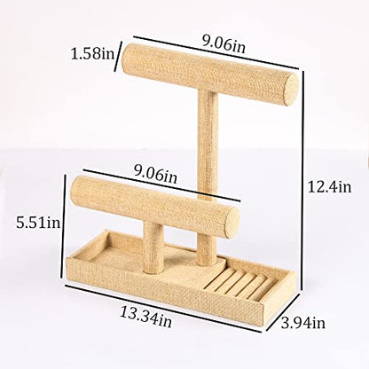 Coward 2 Tier Necklace Bracelet Holder Organizer With ring Tray, Linen Jewelry Display Stand for Watch Scrunchie Lipstick, Perfumes,Nail polish (Yellow Linen) - color: Yellow