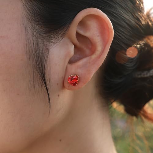8mm Heart-Cut Birthstone Stud Earrings for Women – 18K Gold Plated Hypoallergenic Cubic Zirconia Earrings, Nickel Free, 12 Months Colors, Everyday Jewelry, Gift for Her, Bridal, Birthday, Christmas - color: 07 Jul Ruby