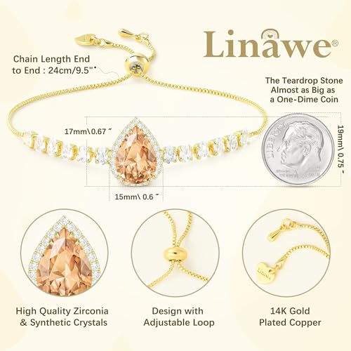 Linawe Crystal Imitation Diamond Rhinestone Charm Bracelets for Women, Gold/Silver/Rose Gold Adjustable Chain Bracelet, Teardrop Birthstone Cubic Zirconia Prom Costume Wedding Jewelry - color: Gold,Champagne
