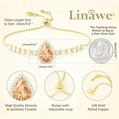 Linawe Crystal Imitation Diamond Rhinestone Charm Bracelets for Women, Gold/Silver/Rose Gold Adjustable Chain Bracelet, Teardrop Birthstone Cubic Zirconia Prom Costume Wedding Jewelry - color: Gold,Champagne