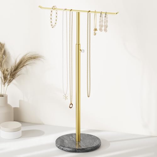 Gold Necklace Holder,Adjustable T-Bar Jewelry Stand with Black Marble Base | Elegant Marble Base,Adjustable Height T-Bar Design,Minimalist Jewelry Display,for Bedroom and Dresser,Necklace Organizer - color: Glod & Black
